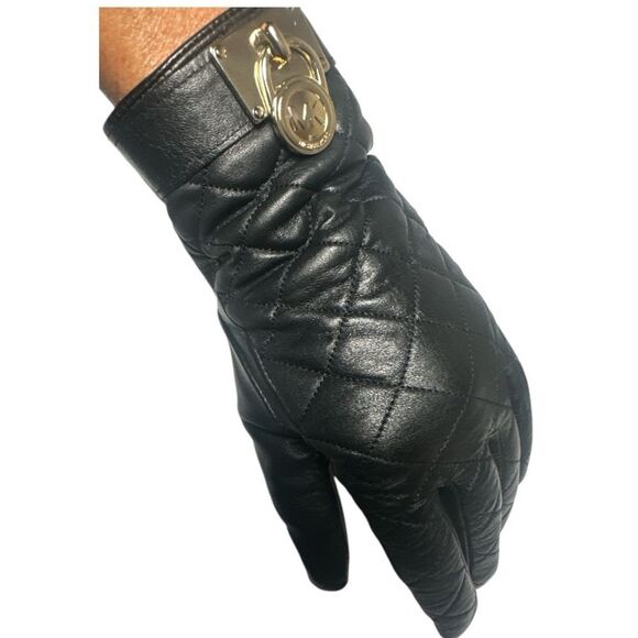 Michael Kors Quilted Leather Hamilton Gold Lock Black 100% Leather Gloves Large - Picture 3 of 7